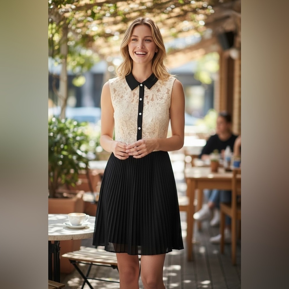 Monteau Lace Detail Pleated Dress Size M